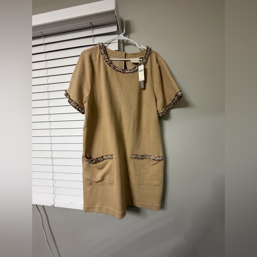 Tan Short Sleeve Dress with beaded Trim